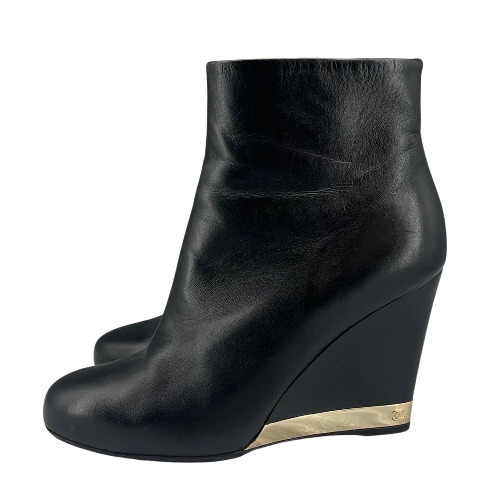 Chanel Black Lambskin Leather Wedge Ankle Boots Gold CC Trim